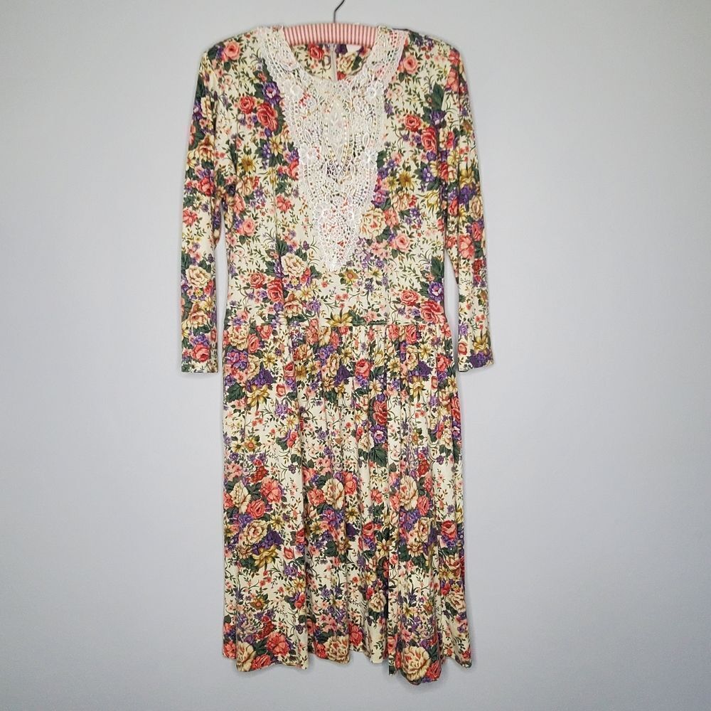 Alison J. 14 Dress Vintage Floral Print Crochet White Lace 80s Grandma Mom